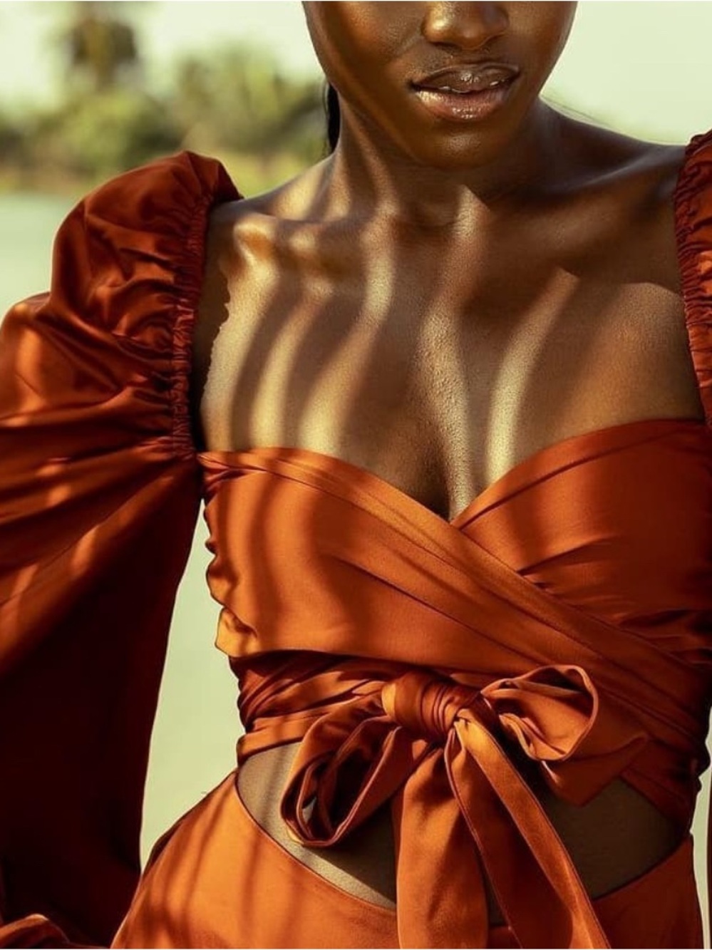 Andrea Iyamah Rust Satin Puff-Sleeve Wrap Jumpsuit